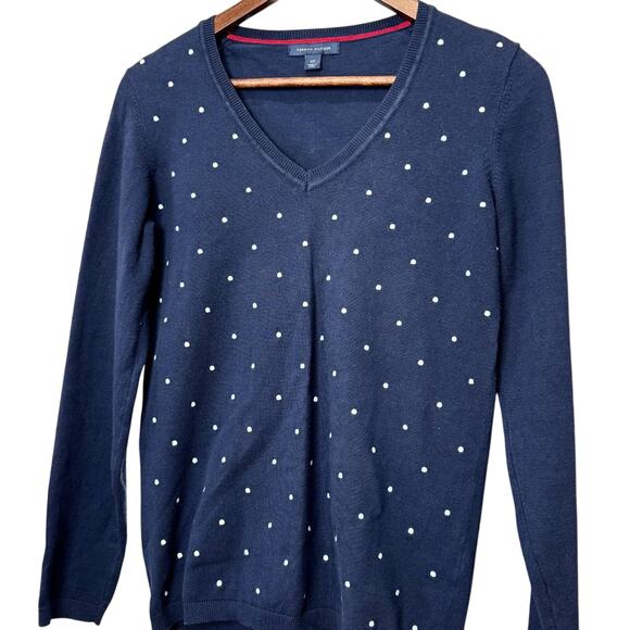 Women's Tommy Hilfiger Navy Blue w/ White Polka Dot V-Neck Sweater - Size Small - Picture 1 of 6